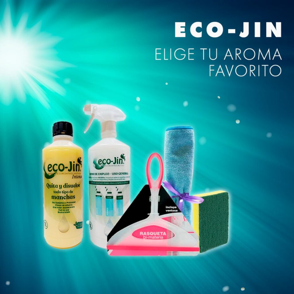 PACK 5 ECOJIN+DIFUSOR+RASQUETA LIMPIA CRISTALES+BAYETA MICROFIBRA+ESTROPAJO CON ESPONJA