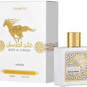 Lattafa Qaed Al Fursan Blanco Perfume Unisex, Aroma Floral, Larga duración, Sello Calidad Made in Dubai, Perfume Diseño Caballo