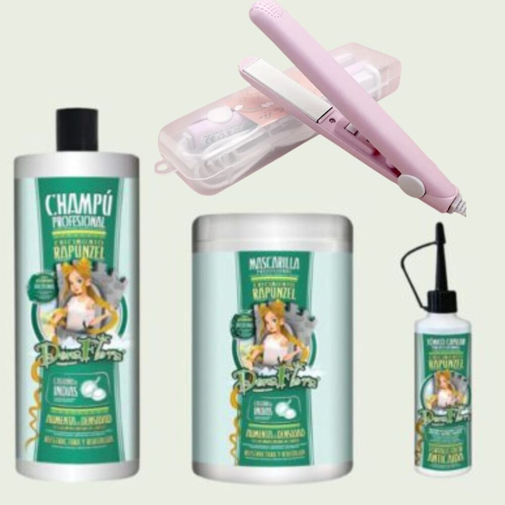 Pack: champu, mascarilla, y tonico + plancha alisadora  mini