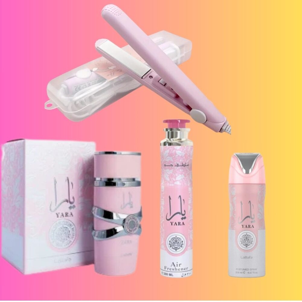 Perfume yara rosa+ambientador+desodorante+plancha mini alisadora