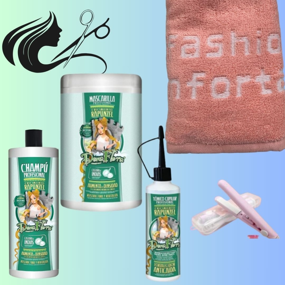 Pack: champu, mascarilla, y tonico + plancha alisadora  mini +toalla