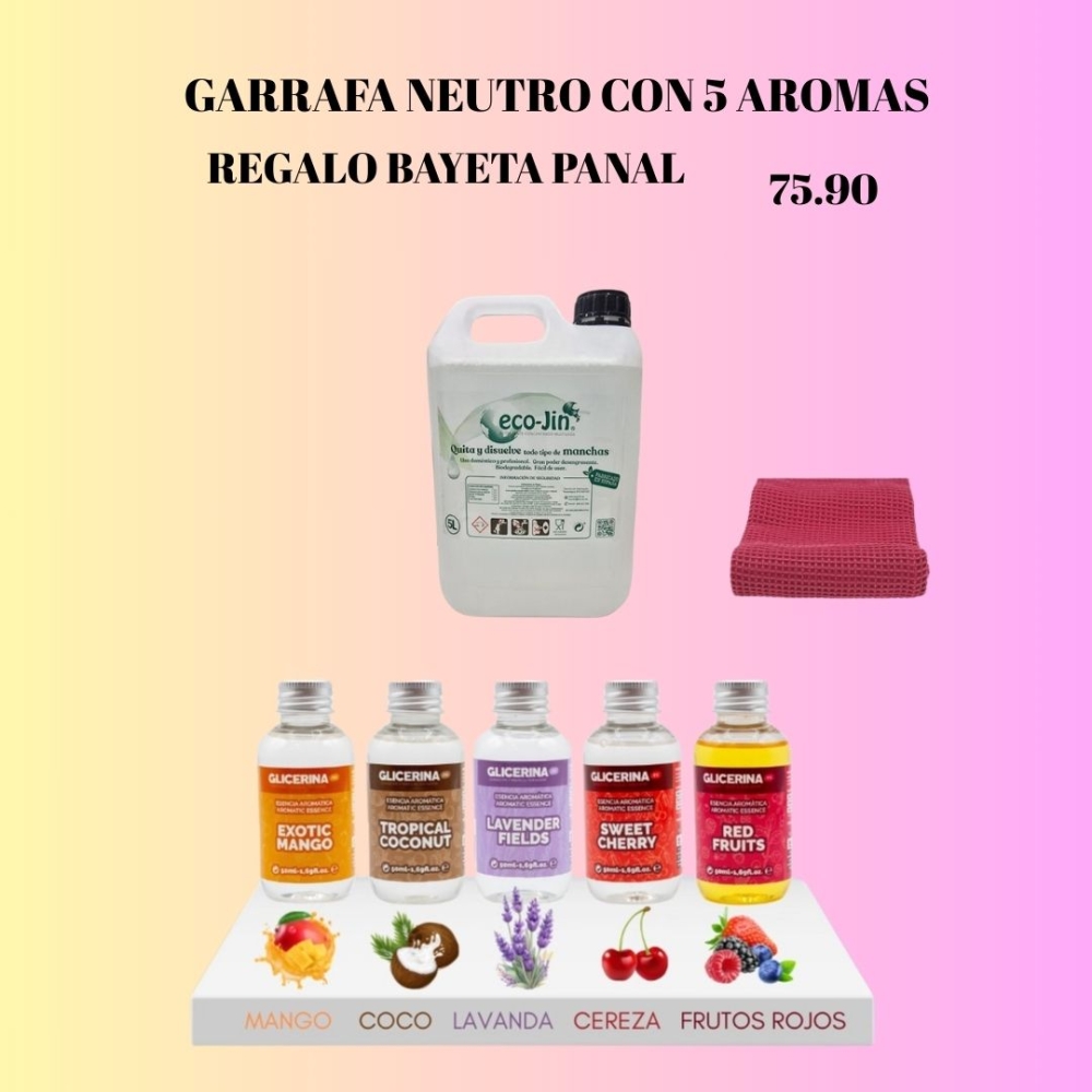 PACK GARRAFA 5 LITROS ECO-JIN NEUTRO +5 ESENCIAS A ELEJIR +BAYETA REGALO