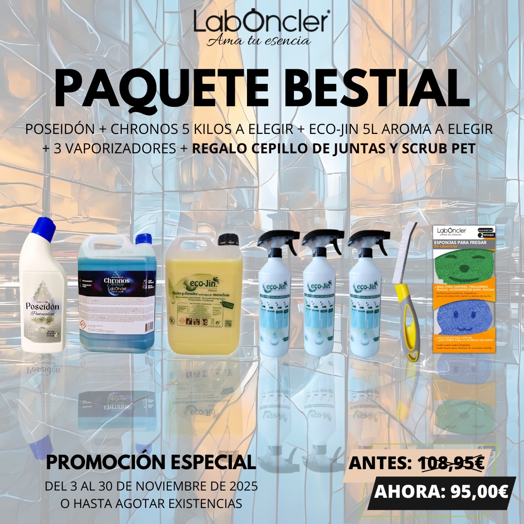 PAQUETE BESTIAL (1 POSEIDÓN+CHRONOS 5KG A ELEGIR+ECO-JIN 5L A ELEGIR+3 DIFUSORES+1 CEPILLO DE JUNTAS+1 SCRUB PET)