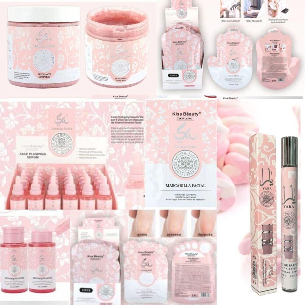 Kiss Beauty Set de Cuidado Integral EXFOLIANTE YARA ROSA MASCARILLA MANOS PIES FACIAL SERUM DESMAQUILLANTE PERFUME 35 ML