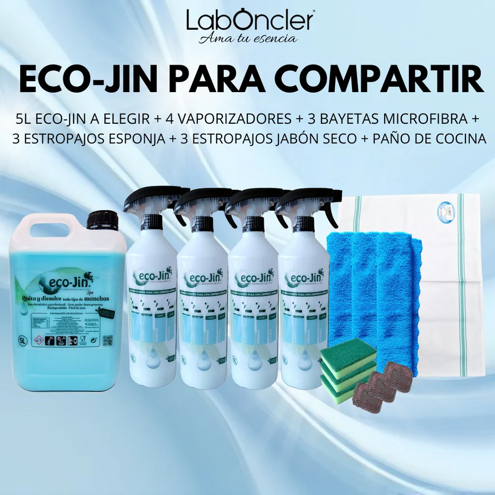 ECO-JIN PARA COMPARTIR (5L ECO-JIN A ELEGIR + 4 VAPORIZADORES + 3 BAYETAS MICROFIBRA + 3 ESTROPAJOS ESPONJA + 3 ESTROPAJOS JABÓN SECO + NUEVO PAÑO DE COCINA)